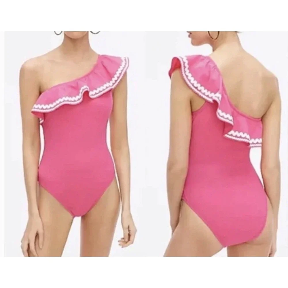 J.Crew One-Shoulder Ruffle One-Piece Swimsuit Womens 10 Pink Rickrack Preppy